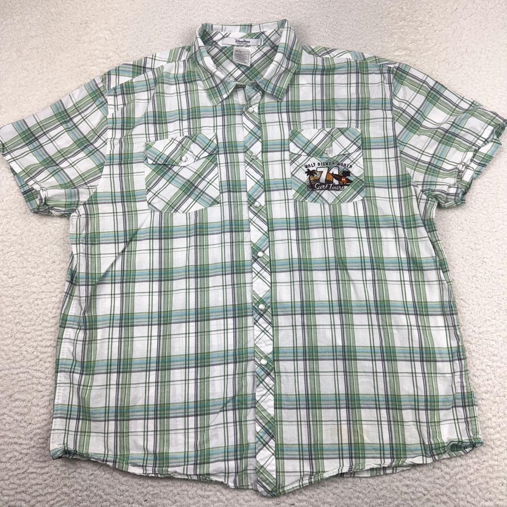 Disney Parks Shirt Men's 2XL Surf Tours Pearl Snap Green Plaid Short Sleeve